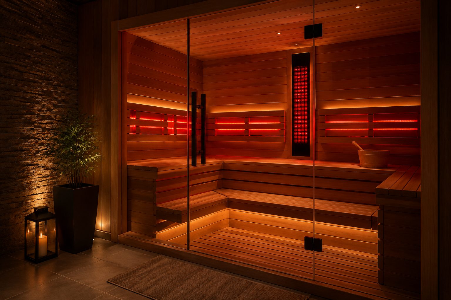 MB-RL05 sauna room with integrated red light therapy by Marcus Bath India